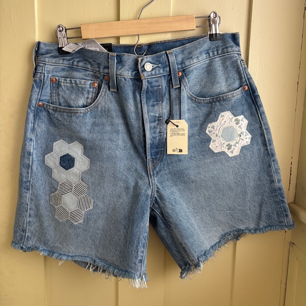 Levi's 501 Blue Jean Shorts with Floral Appliqués
